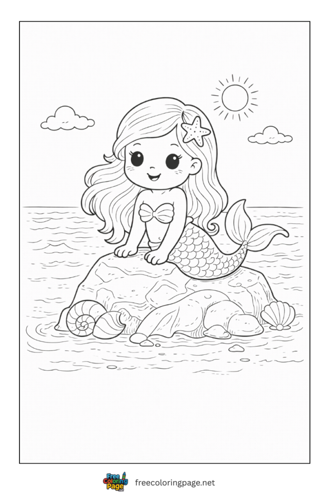 coloring page of cute mermaid in summer shore