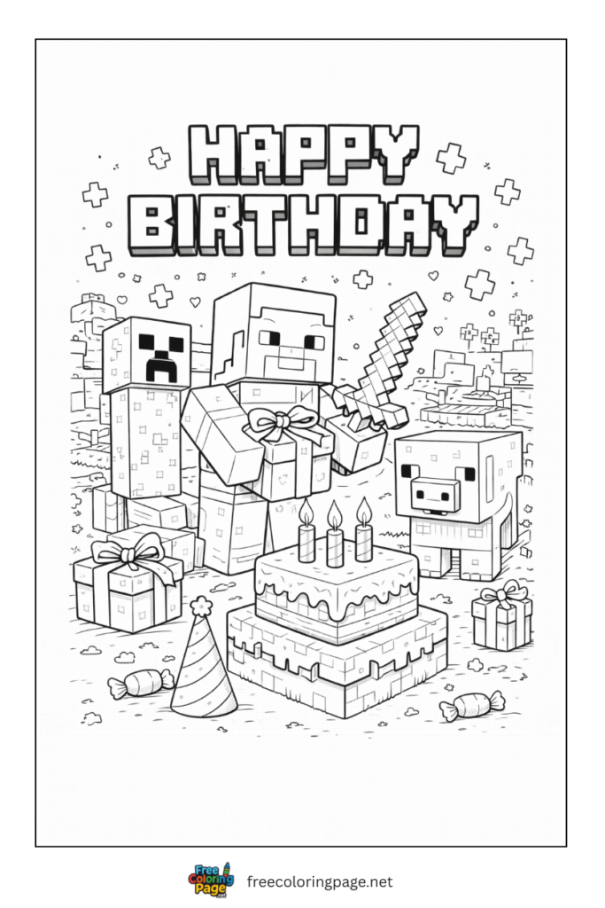 coloring page of happy birthday minecraft
