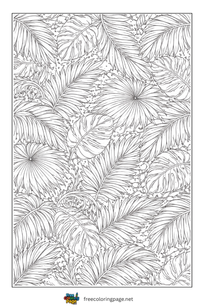 coloring page of tropical leaves pattern