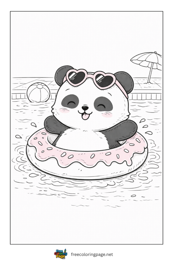 coloring page of panda chilling in floating donut