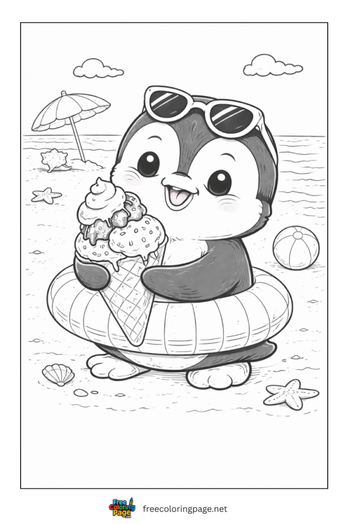 coloring page of cute penguin with summer ice cream on beach