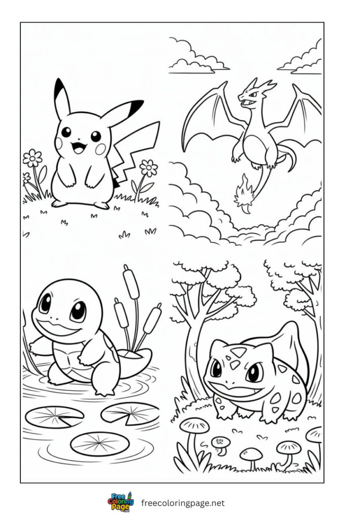 coloring page of cute pokemon together