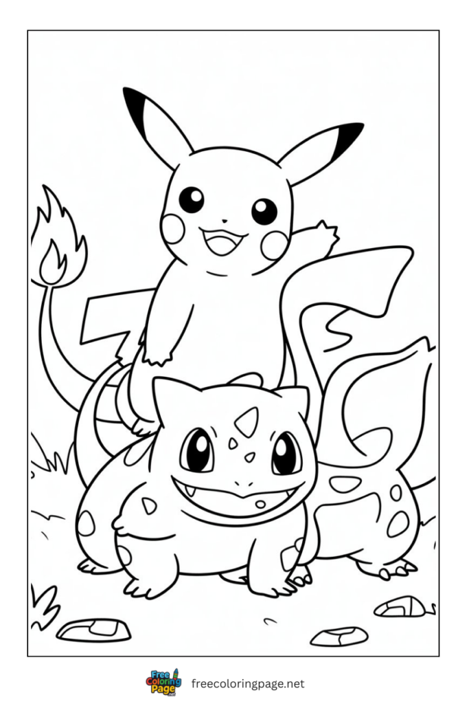 coloring page of pokemon pikachu riding bulbasaur