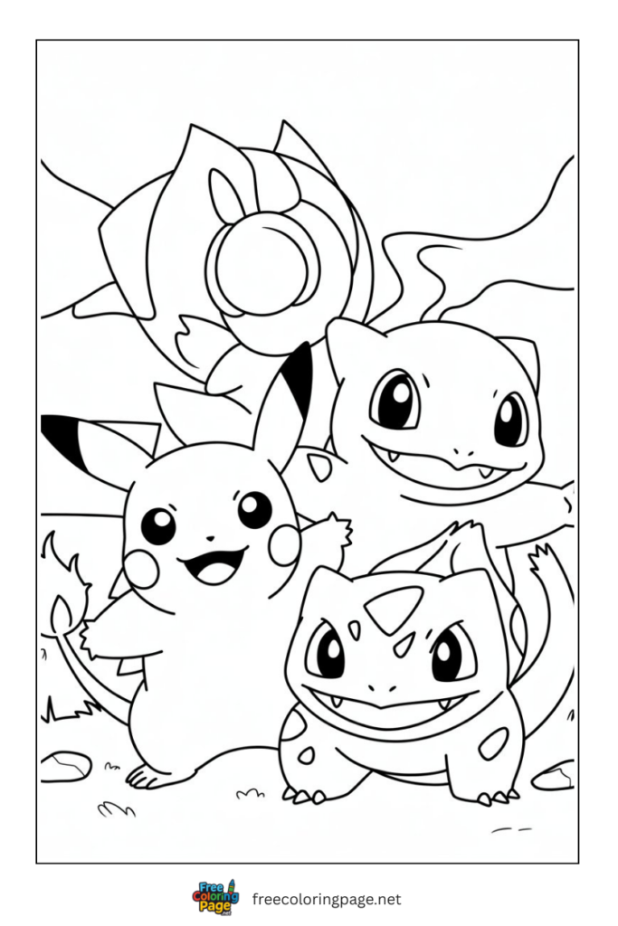 coloring page of pikachu charmander and bulbasaur