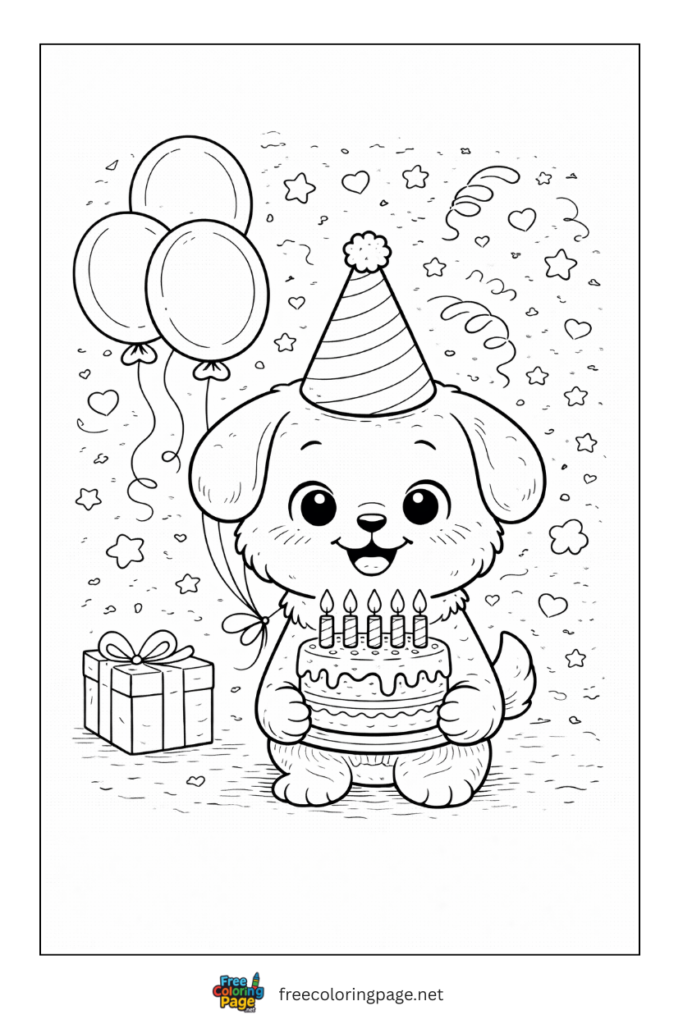 coloring page of cute puppy happy birthday wish