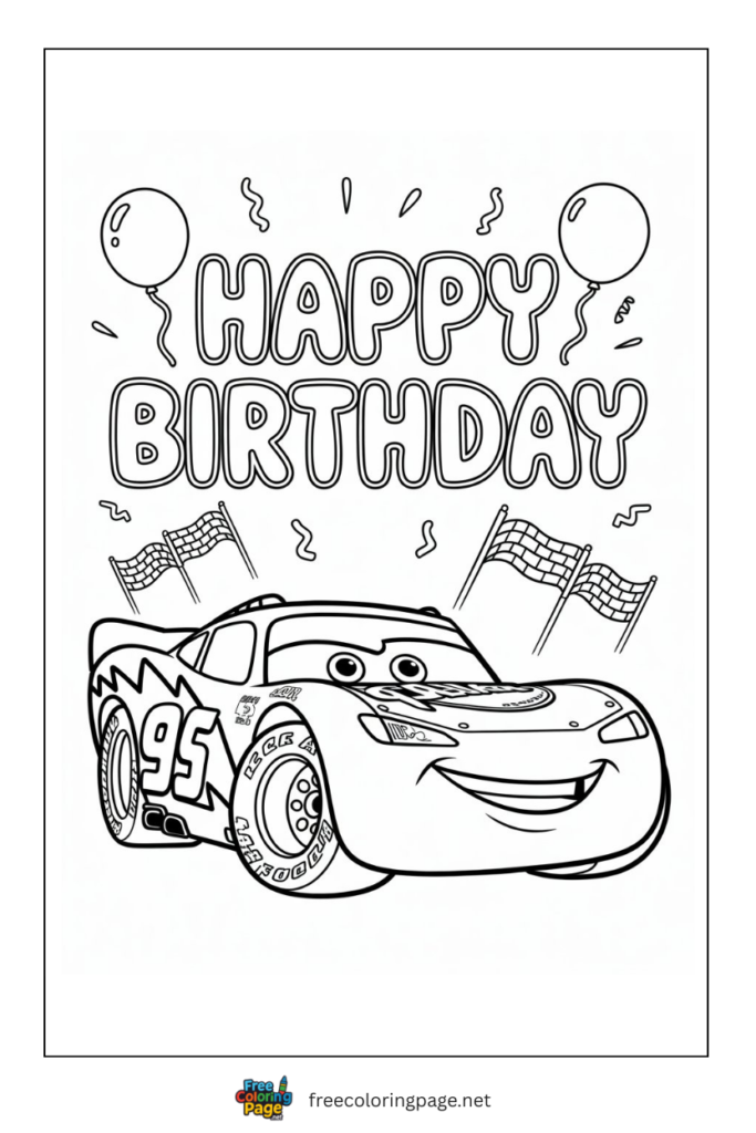 coloring page of happy birthday race car