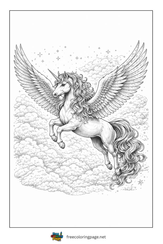 coloring page of real flying unicorn for adults