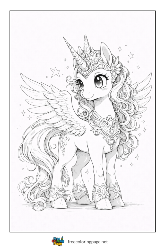 coloring page of unicorn wearing jewels