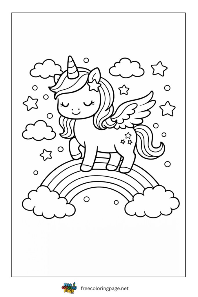 coloring page of unicorn and rainbow