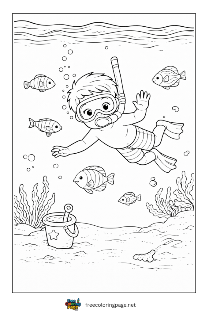 coloring page of boy diving underwater with fish