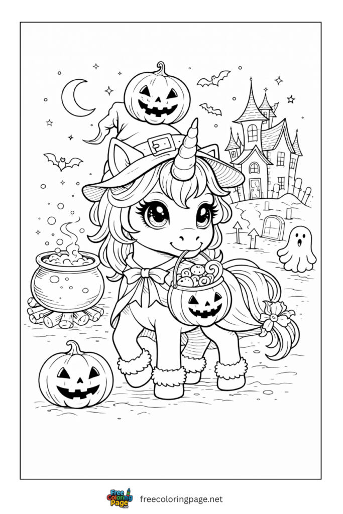coloring page of halloween unicorn 