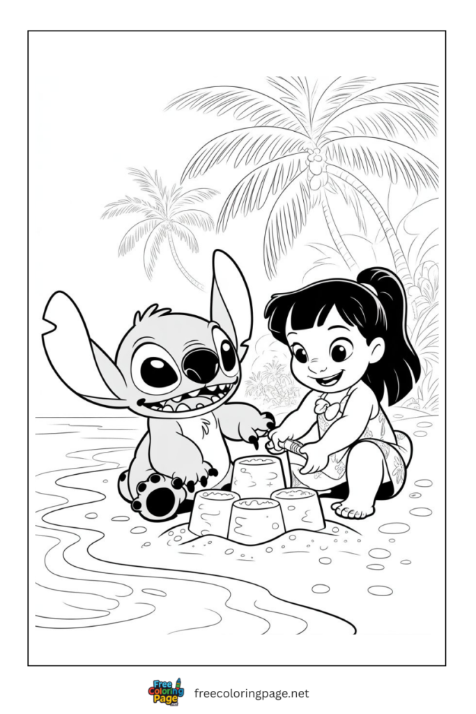 coloring page of stitch and lolio making sandcastle on beach 