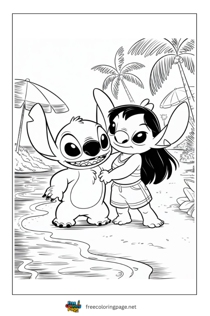 coloring page of stitch and lilo in tropical summer