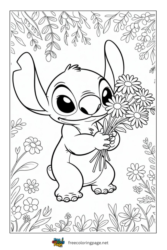 coloring page of stitch with floral background