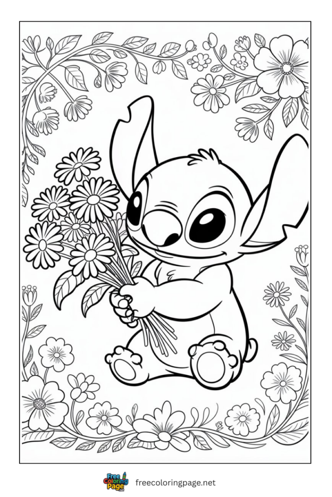 coloring page of stitch holding daisy flowers