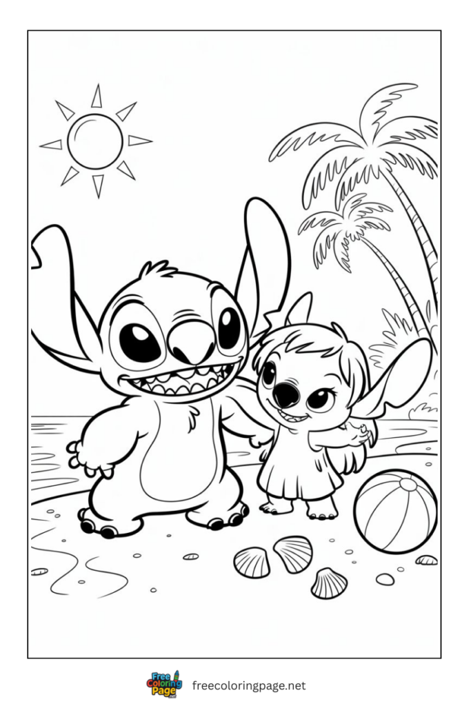 coloring page of stitch and lilo in summer beach