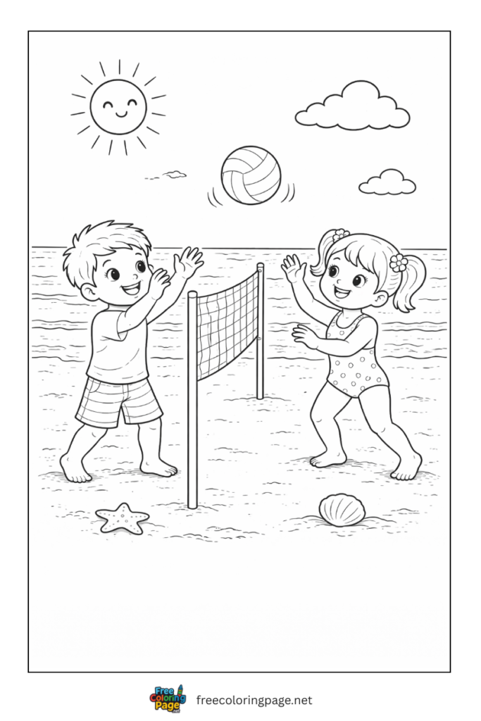 coloring page of kids playing volleyball on beach