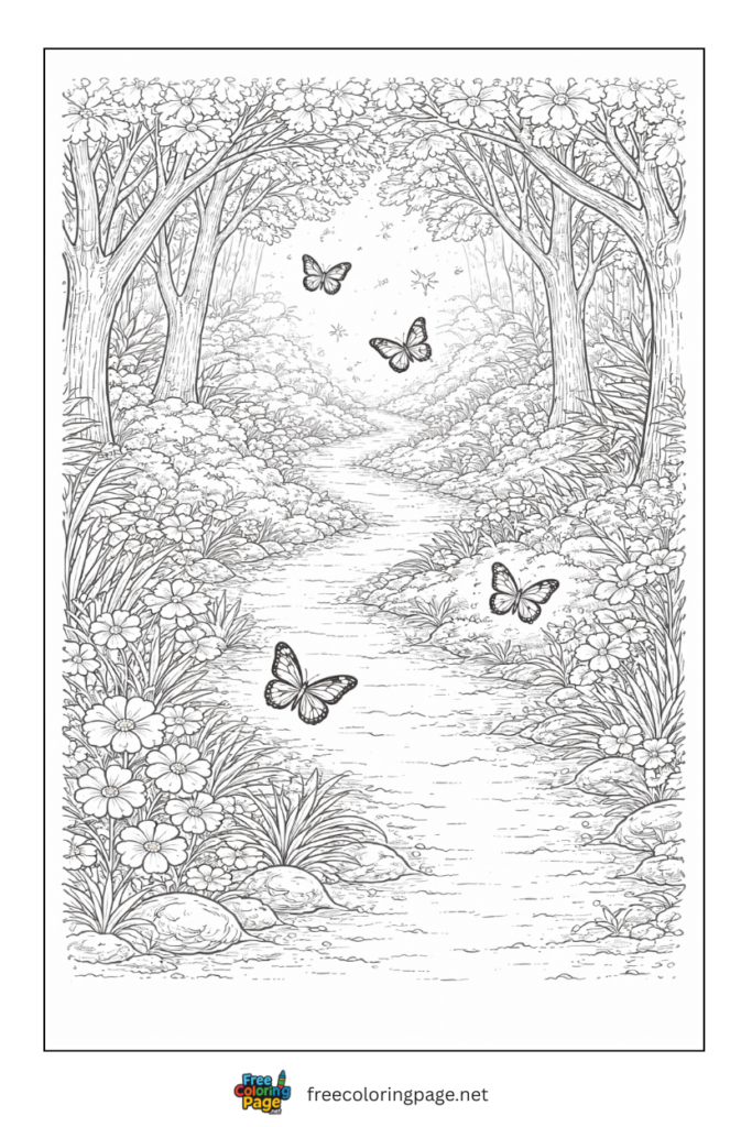 coloring page of summer forest trail