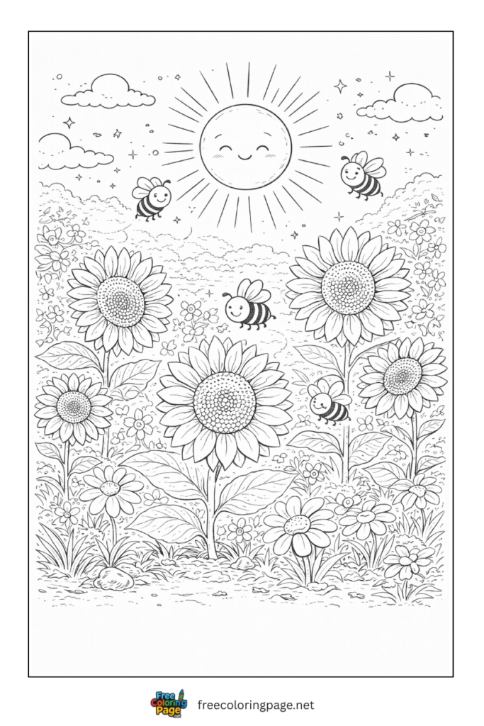 coloring page of summer garden with honey bees