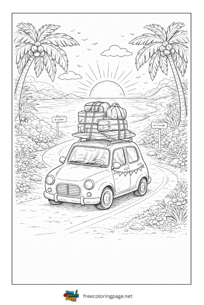coloring page of summer road trip car with lauggage