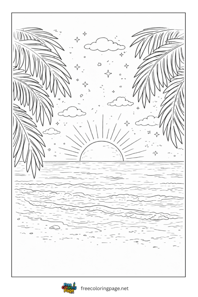 coloring page of tropical beach sunset
