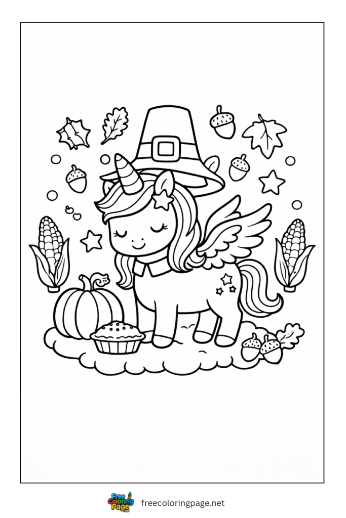 coloring page of unicorn happy thanksgiving