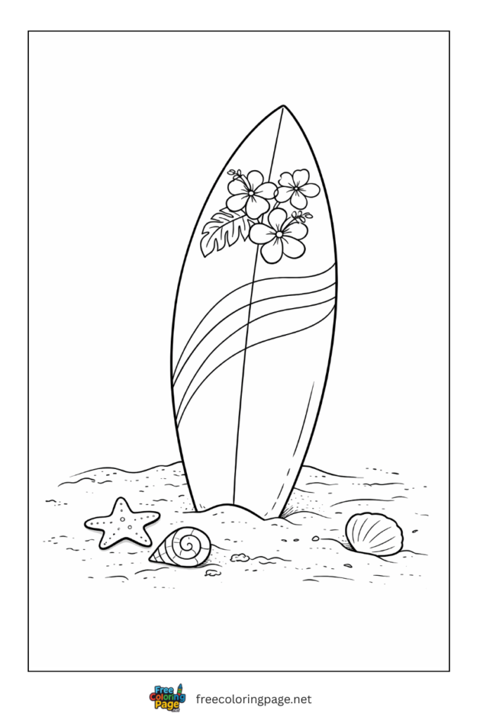 coloring page of syrfboard on beach