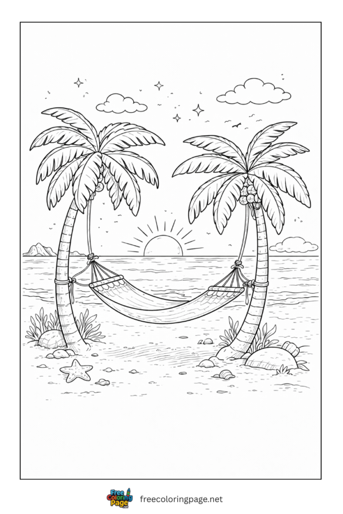 coloring page of tropical hammock on sand