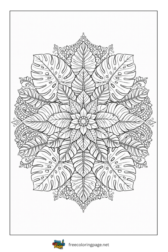 coloring page of leaves mandala for adults