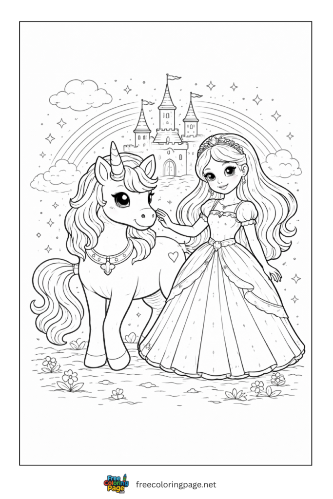 coloring page of unicorn with princess