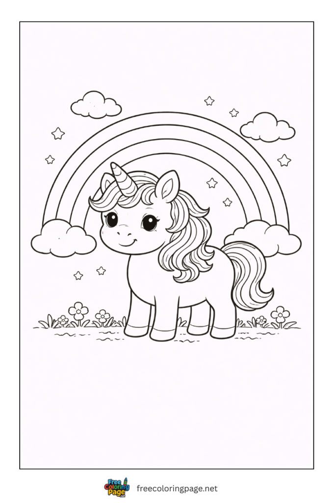 coloring page of very simple unicorn and rainbow for preschool
