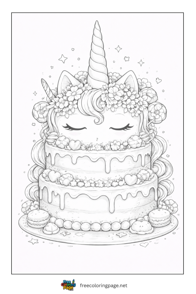 coloring page of unicorn cake for adults