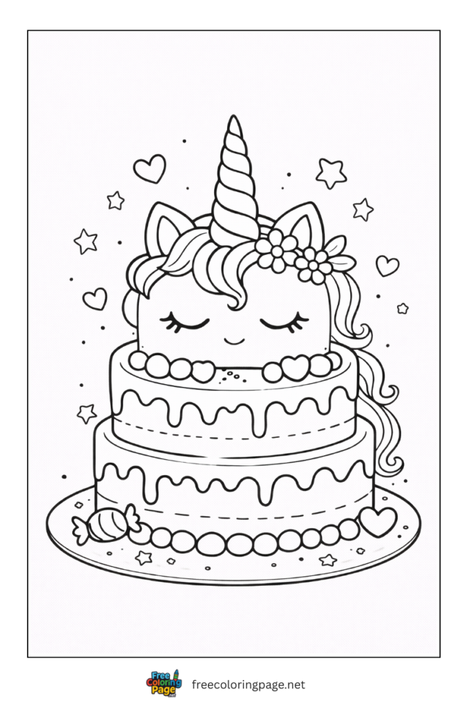 coloring page of unicorn cake for kids