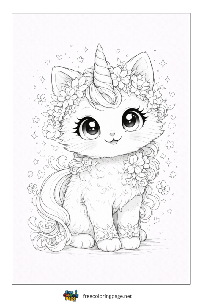 coloring page of cute kawaii unicorn cat