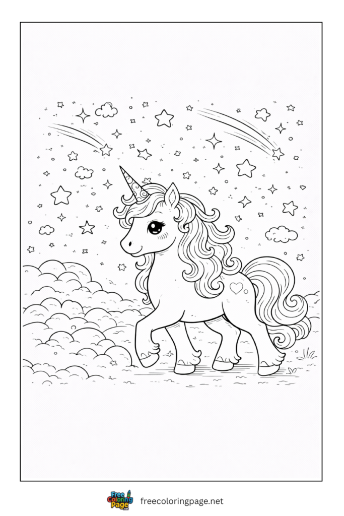 coloring page of unicorn  walking in night