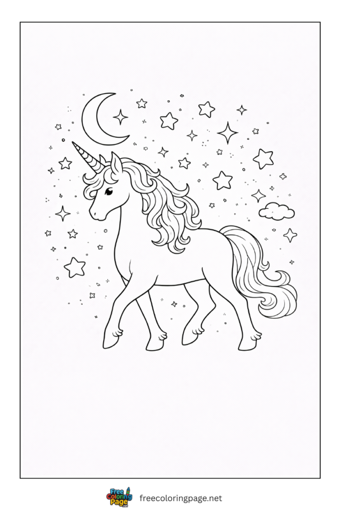 coloring page of unicorn walking in starry night