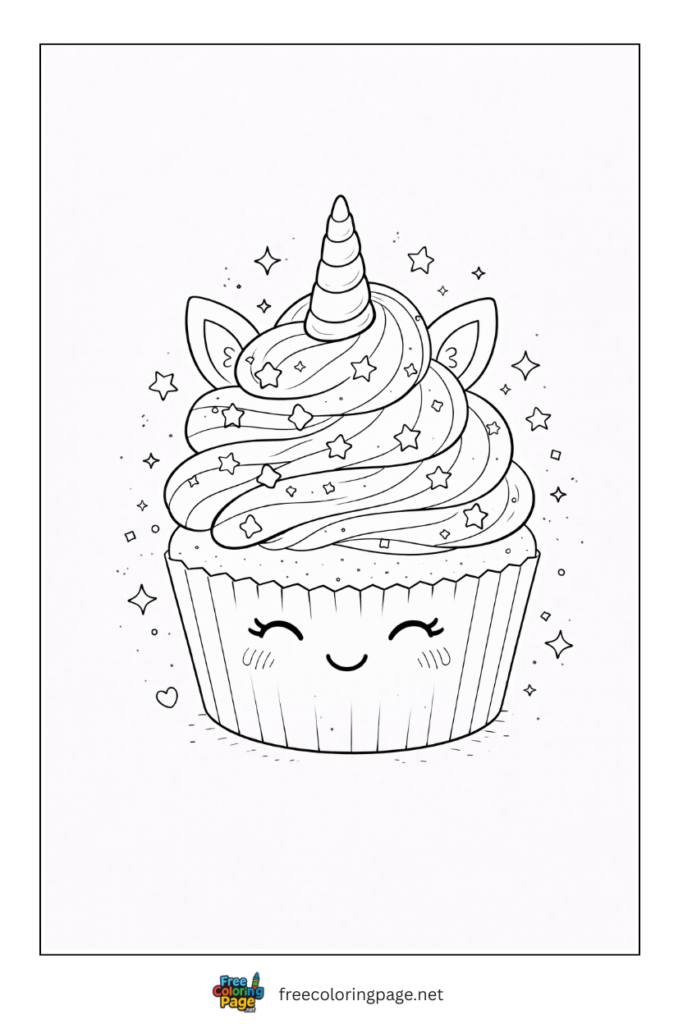 coloring page of unicorn cupcake