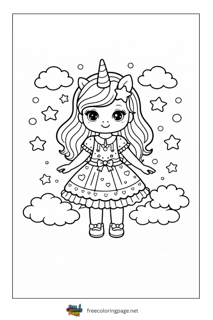 coloring page of unicorn doll