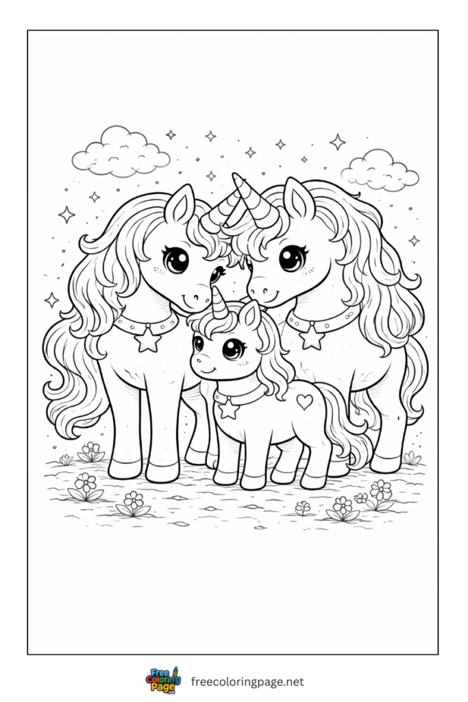 coloring page of unicorn family