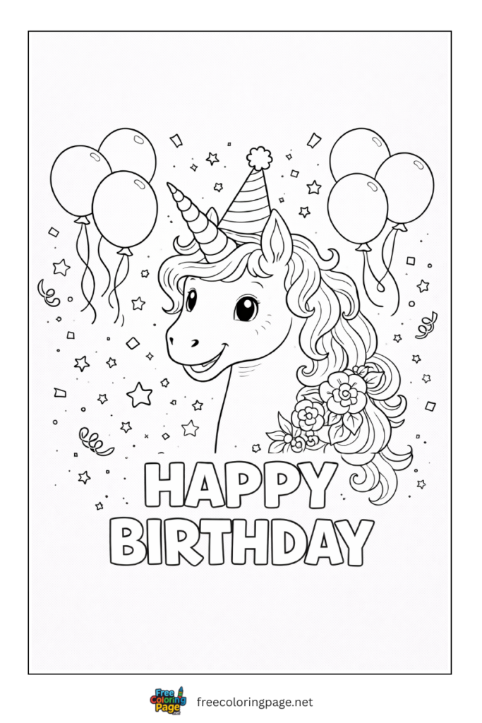 coloring page of unicorn happy birthday with balloons