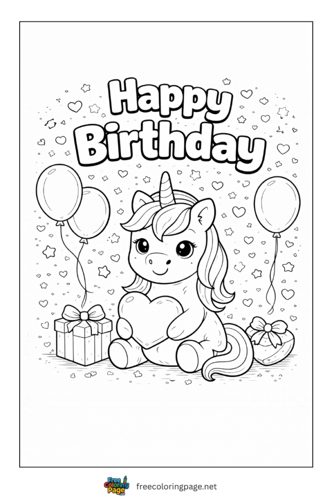coloring page of unicorn happy birthday