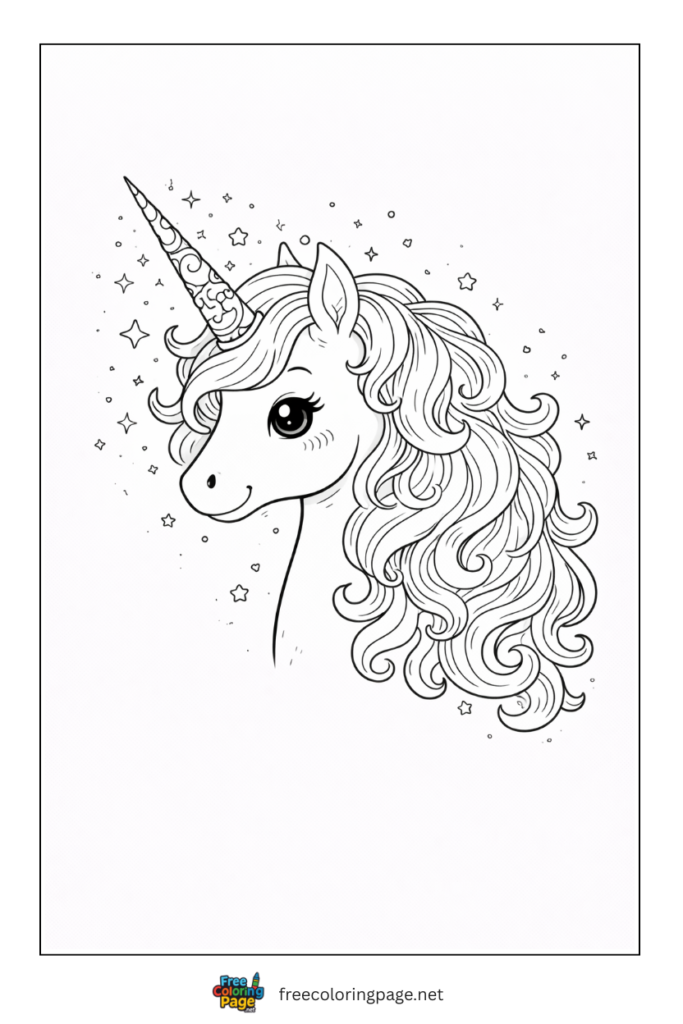 coloring page of unicorn head with beautiful mane