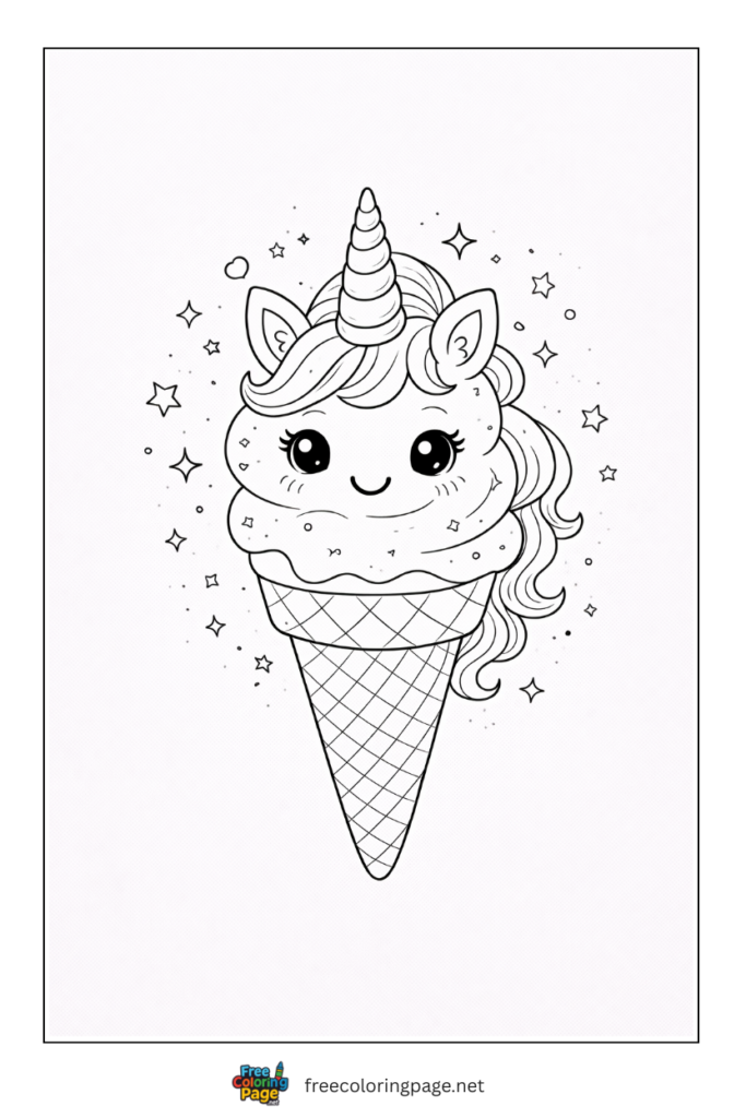coloring page of unicorn cone icecream