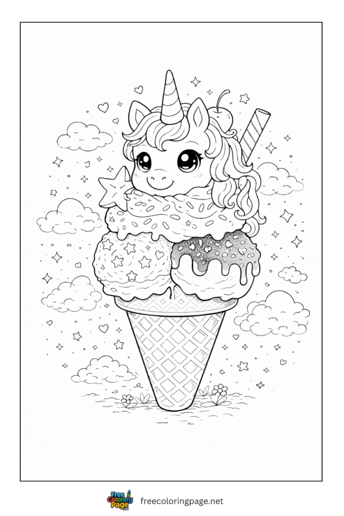 coloring page of unicorn summer icecream