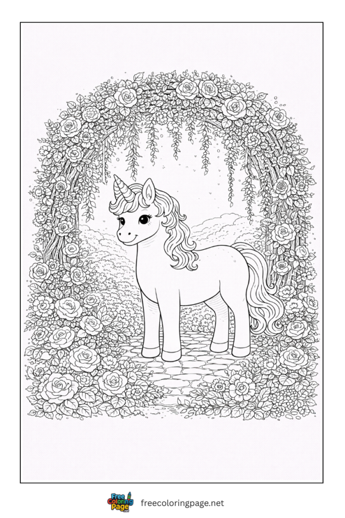 coloring page of unicorn in enchanted garden