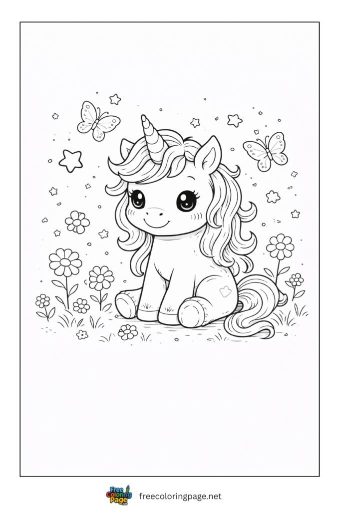 coloring page of unicorn and butterflies in field