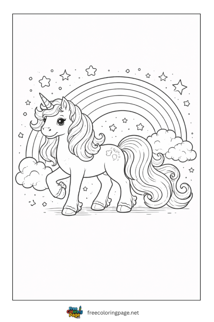 coloring page of unicorn with rainbow