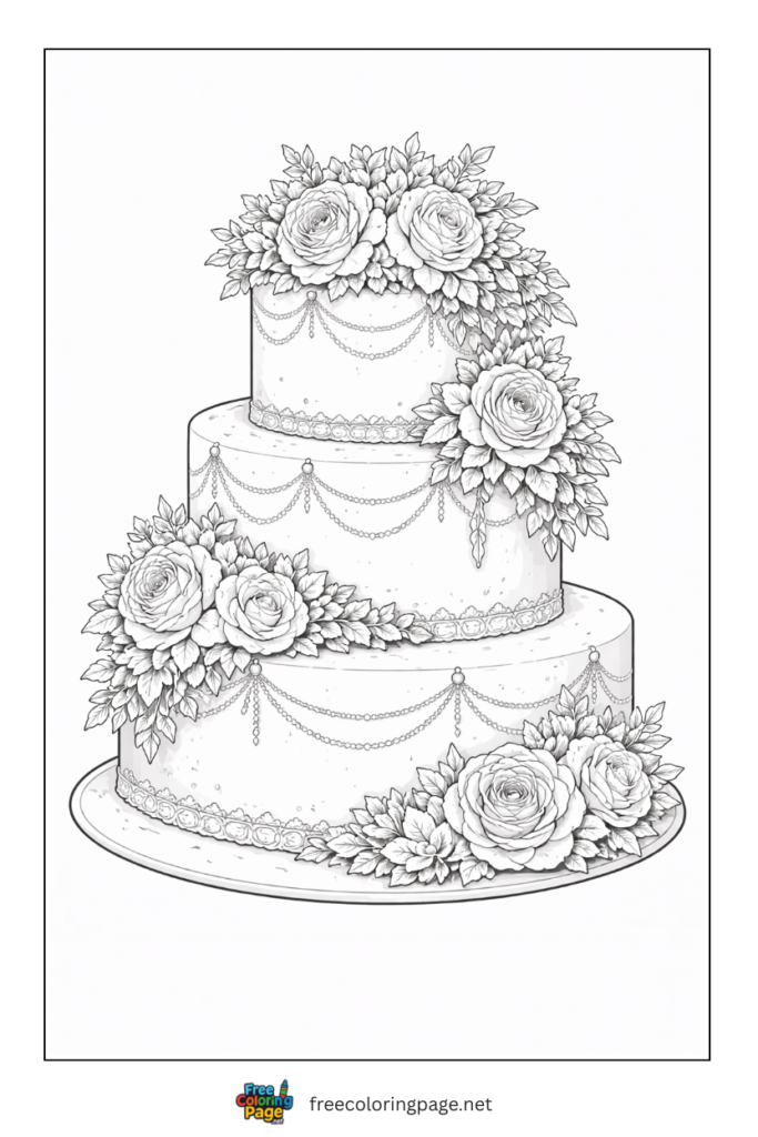 coloring page of floral wedding cake