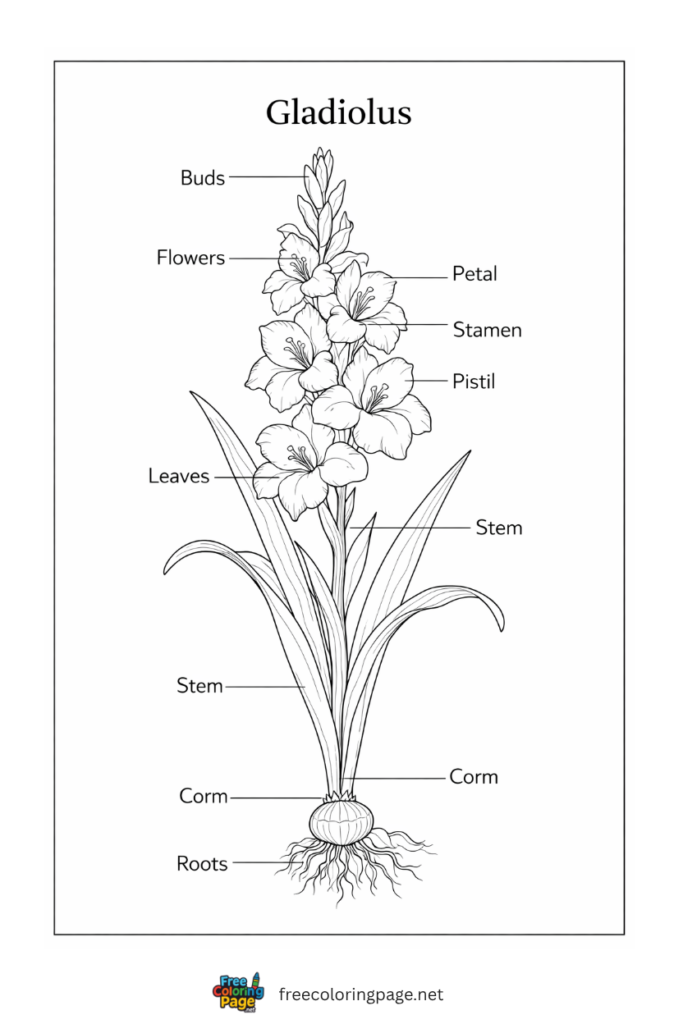 coloring page of gladiolus flower botanical structure