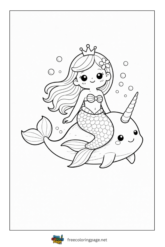 coloring page of mermaid riding narwhal